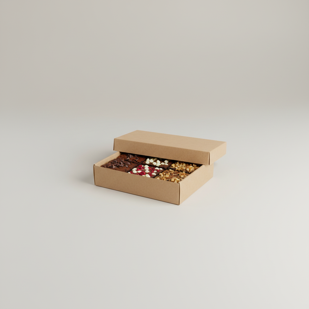 Professional e-commerce product photography of a **brandless** Gluten Free Brownies Sampler Box (A decadent gluten free brownie sampler featuring three rich flavors.). The entire environment is a perfectly uniform, flat, solid color #EAE9E7 (light warm gray) with absolutely no gradient, vignette, spotlighting, texture, noise, or grain. The object is centered and tiny, occupying only 25% of the frame, surrounded by massive negative space. The background and floor are a seamless, infinite cyclorama of solid color #EAE9E7 with no horizon line, no corner, and no visible wall/floor transition. Lighting: ultra-even high-key with very strong global illumination and soft, multi-directional bounced fill (studio light tent look). Bright exposure (lifted midtones and shadows, low contrast), slightly overexposed overall while preserving product detail. Fully diffuse, no hard shadows, no cast shadows; at most a barely visible neutral contact shadow. No harsh specular highlights. Framing: simple 3/4 view. Perfectly centered. Style: ultra-clean, minimalistic. No logos, no text, no distractions. 8k resolution, sharp details on the object.