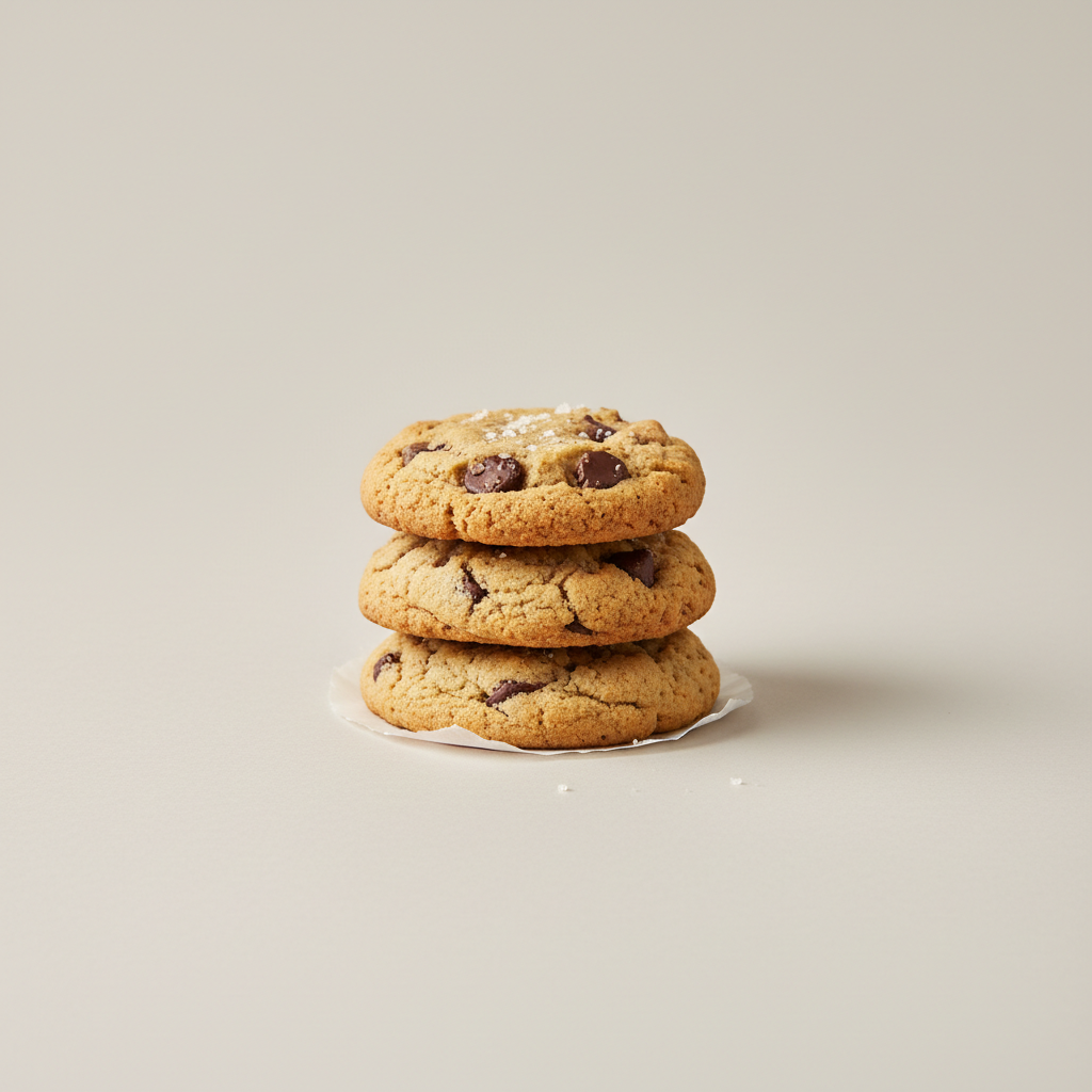 Professional e-commerce product photography of a **brandless** Gluten Free Chocolate Chip Cookies (Freshly baked gluten free chocolate chip cookies in small batches, a comforting classic.). The entire environment is a perfectly uniform, flat, solid color #EAE9E7 (light warm gray) with absolutely no gradient, vignette, spotlighting, texture, noise, or grain. The object is centered and tiny, occupying only 25% of the frame, surrounded by massive negative space. The background and floor are a seamless, infinite cyclorama of solid color #EAE9E7 with no horizon line, no corner, and no visible wall/floor transition. Lighting: ultra-even high-key with very strong global illumination and soft, multi-directional bounced fill (studio light tent look). Bright exposure (lifted midtones and shadows, low contrast), slightly overexposed overall while preserving product detail. Fully diffuse, no hard shadows, no cast shadows; at most a barely visible neutral contact shadow. No harsh specular highlights. Framing: simple 3/4 view. Perfectly centered. Style: ultra-clean, minimalistic. No logos, no text, no distractions. 8k resolution, sharp details on the object.