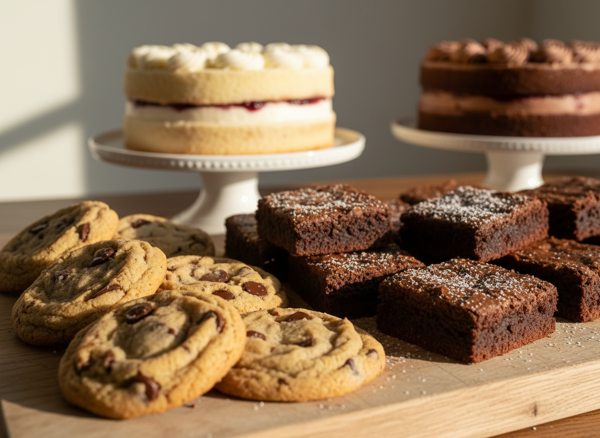 A vibrant assortment of gluten-free cookies and brownies arranged on a rustic, pale wood board, each piece slightly imperfect in a charming, homemade way. Textured chocolate chip cookies with golden, craggy tops sit beside dense, fudgy brownies with glossy, crackled surfaces and a light dusting of powdered sugar. In the background, softly blurred cake stands hold simply decorated gluten-free layer cakes. Warm afternoon light streams through an unseen window, creating gentle highlights on the chocolate and soft shadows along the board. Photographic realism, shot at an eye-level angle with shallow depth of field, creates an inviting, cozy bakery feel that is playful yet refined, perfect for a local home bakery brand hero image.